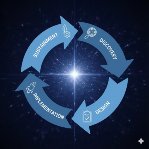 Discovery, Design, Implementation and Sustainment, the four steps of our method